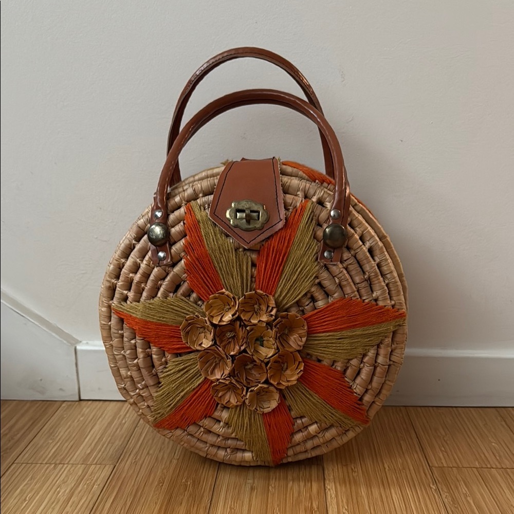 Handcrafted Floral Woven Bag - Orange and Brown